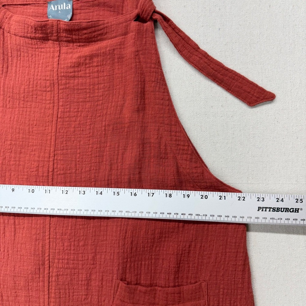 Arula Women Rust Red Gauze Pinafore Mini Dress Tie Strap Pockets Size A XL - Picture 8 of 9